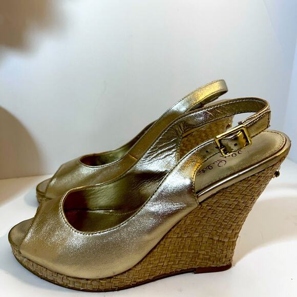 Lilly Pulitzer Kristin Leather Wedge Gold Peep Toe    Preppy Shoes Size 8.5 - Picture 16 of 16